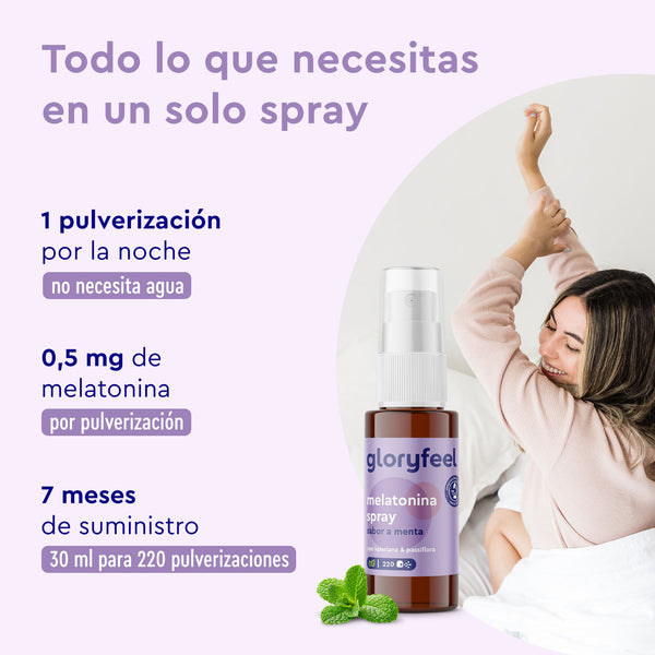 Spray de melatonina natural Melatonina Spray de gloryfeel GmbH, con instrucciones de uso y dosificación; al fondo, una mujer sonriente se estira en la cama, reflejando sueño reparador y bienestar al despertar.