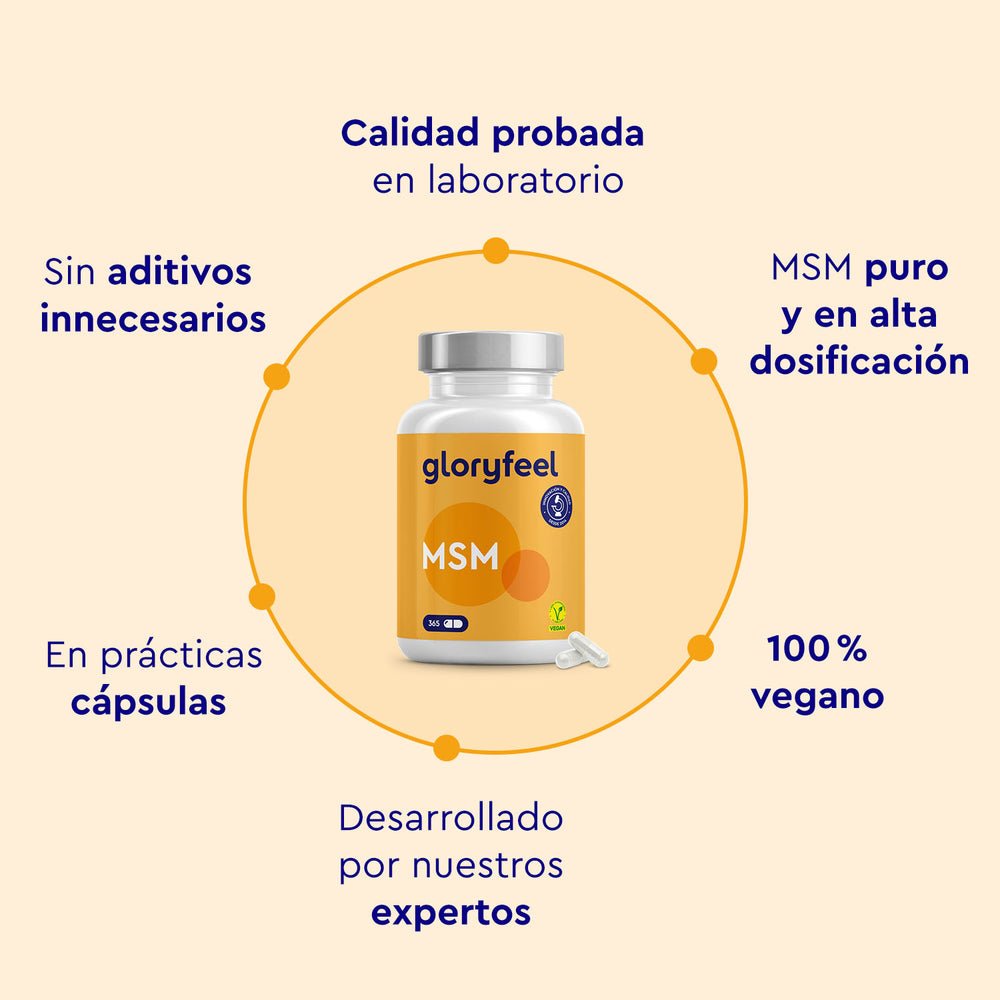 Un frasco de &quot;MSM cápsulas de azufre orgánico&quot; de GloryFeel GmbH España ofrece beneficios como calidad comprobada en laboratorio, azufre orgánico puro y una fórmula vegana sin aditivos. Desarrollado por expertos, es ideal para promover la salud del colágeno de forma natural.