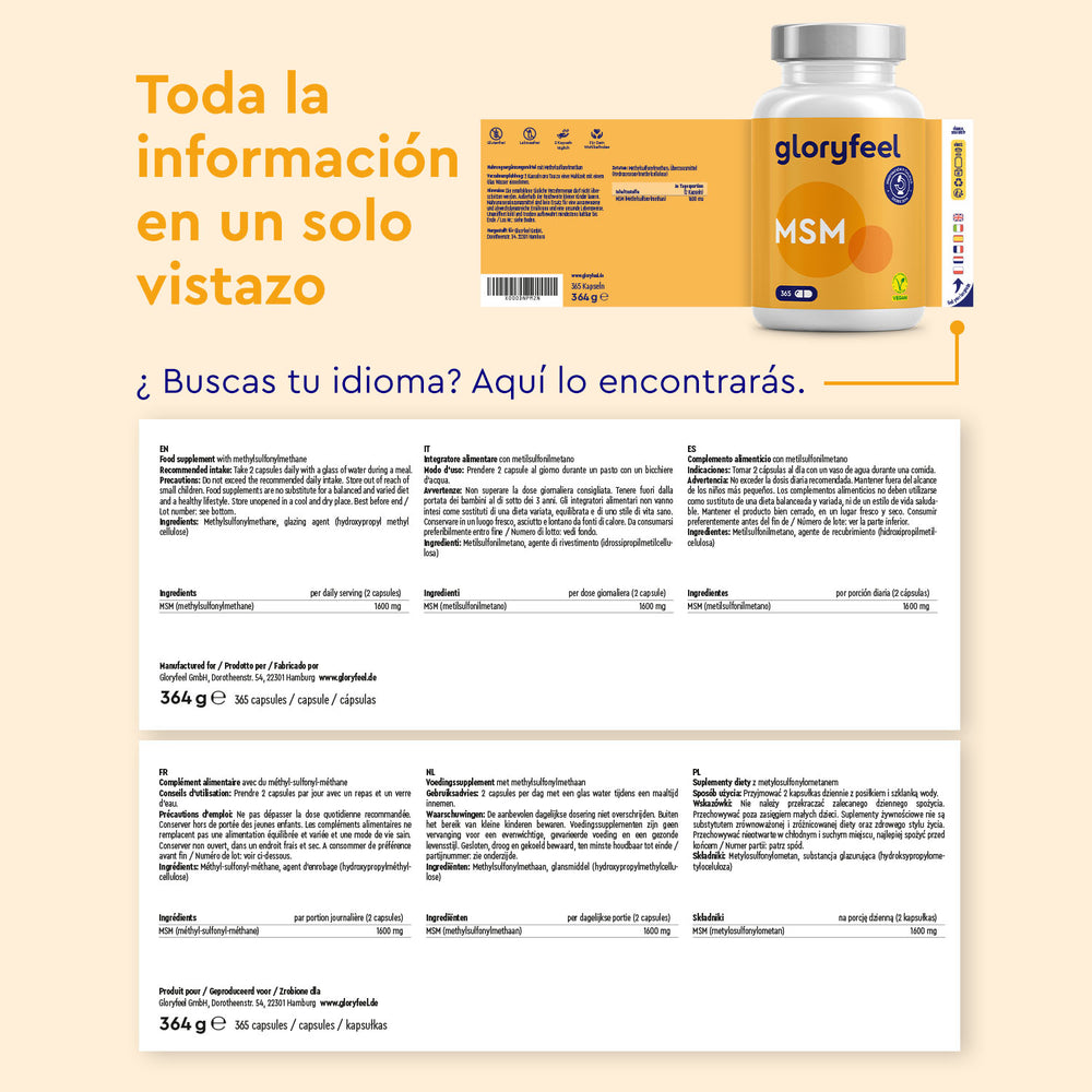 El frasco de cápsulas de azufre orgánico MSM de GloryFeel GmbH España presenta un diseño marrón y amarillo sobre fondo beige, con una hoja informativa multilingüe. El texto en español destaca su sinergia con el colágeno para obtener mayores beneficios.