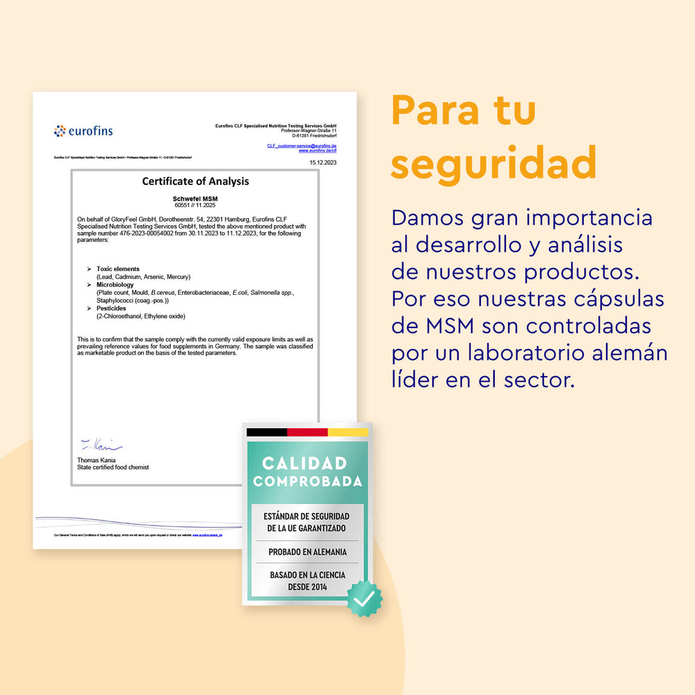 El certificado de análisis y el sello de calidad certificado, en español, enfatizan la importancia de las pruebas realizadas por un laboratorio alemán de primer nivel en el desarrollo de las cápsulas de azufre orgánico MSM de GloryFeel GmbH España, mostrando el papel crucial del colágeno con MSM para una mayor efectividad.