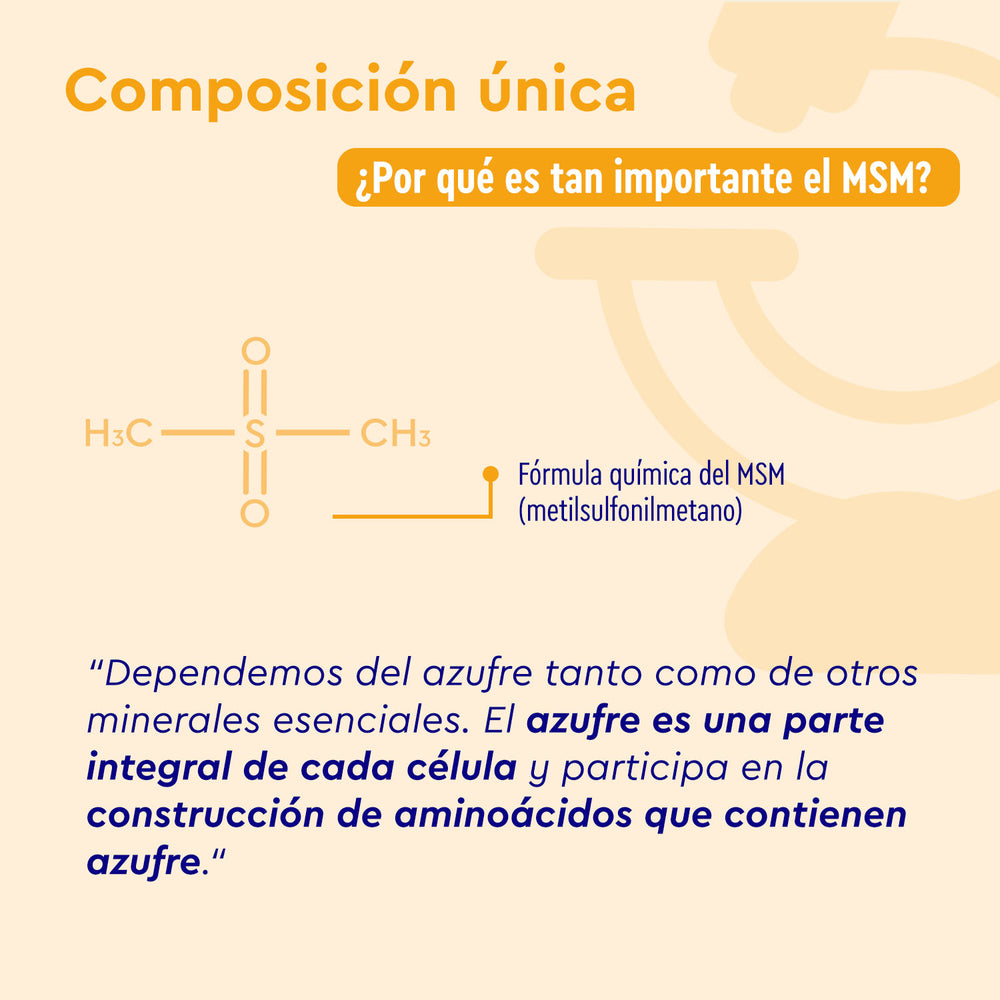 Un diagrama de la fórmula química de las cápsulas de azufre orgánico de MSM de GloryFeel GmbH España destaca el papel crucial del azufre en las células y los aminoácidos. El azufre orgánico presente en el MSM favorece la producción de colágeno, vital para la salud del tejido conectivo.