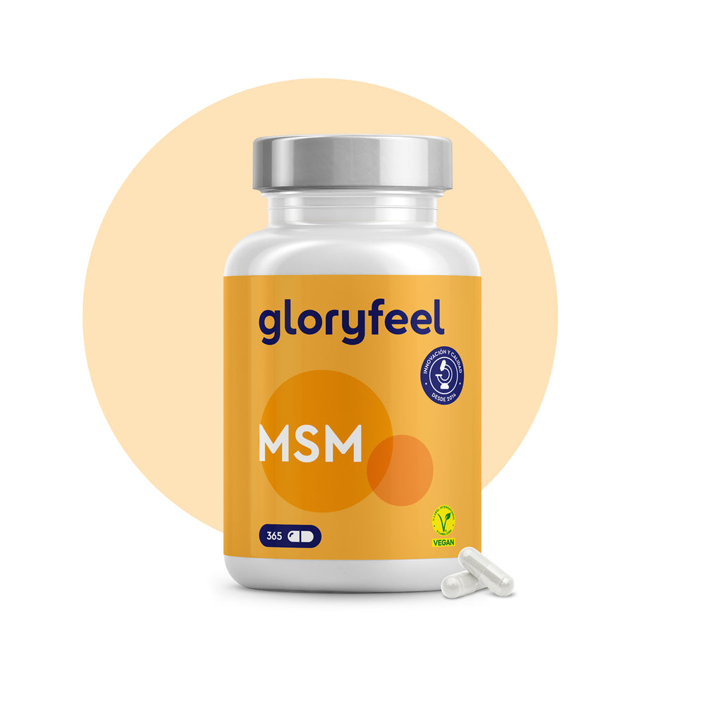 Las cápsulas de azufre orgánico de MSM de GloryFeel GmbH España ofrecen 365 cápsulas para un aporte óptimo de colágeno. Su vibrante etiqueta naranja luce los logotipos de certificación vegana y de calidad, elegantemente acompañadas por dos cápsulas.