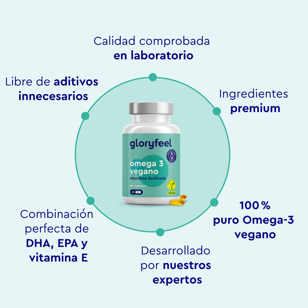 La botella de Omega 3 + Vitamina E de gloryfeel GmbH España se muestra en medio de un texto en español que enfatiza su pureza, ingredientes premium, certificación de laboratorio y desarrollo experto.