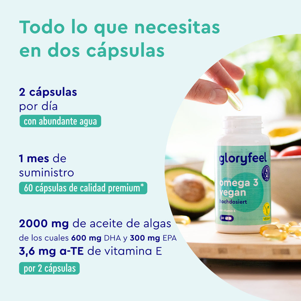 Etiqueta del producto español &quot;Omega 3 + Vitamina E&quot; de gloryfeel GmbH España que detalla las cápsulas veganas; incluye dosis, duración del suministro e información nutricional.