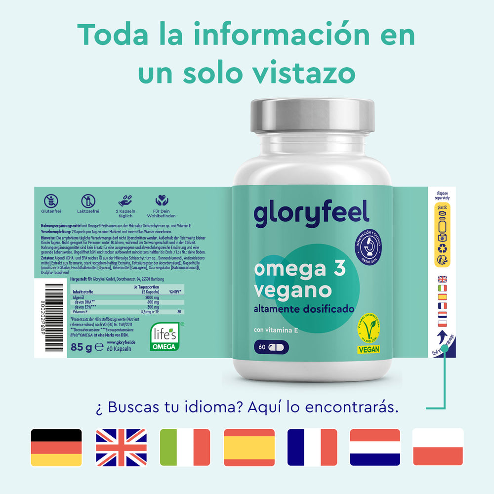 La etiqueta multilingüe del suplemento Omega 3 + Vitamina E de gloryfeel GmbH España incluye iconos para certificaciones sin gluten, sin lactosa, sin OMG y vegano.