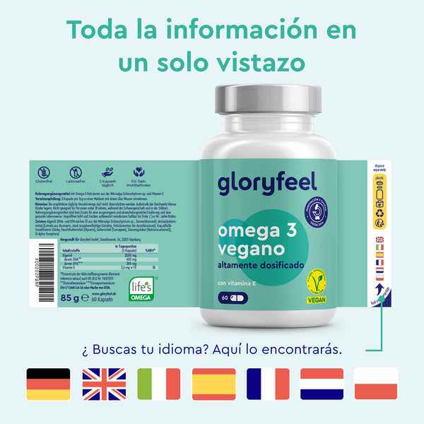 La etiqueta multilingüe del suplemento Omega 3 + Vitamina E de gloryfeel GmbH España incluye iconos para certificaciones sin gluten, sin lactosa, sin OMG y vegano.