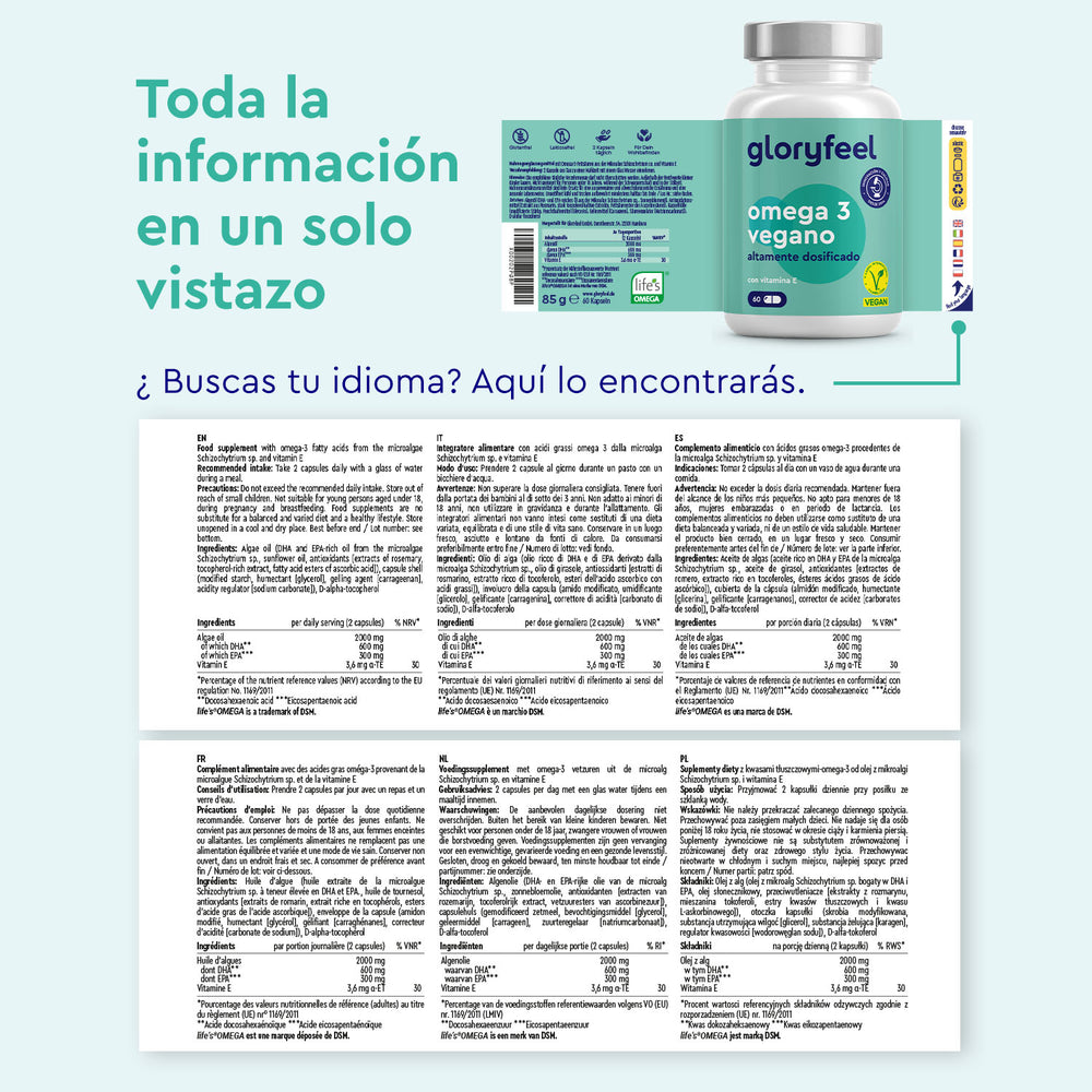 Complemento alimenticio a base de Omega 3 + Vitamina E de gloryfeel GmbH España, con frasco etiquetado y folleto multilingüe, que destaca su fórmula vegana, las especificaciones del producto y las certificaciones dietéticas.