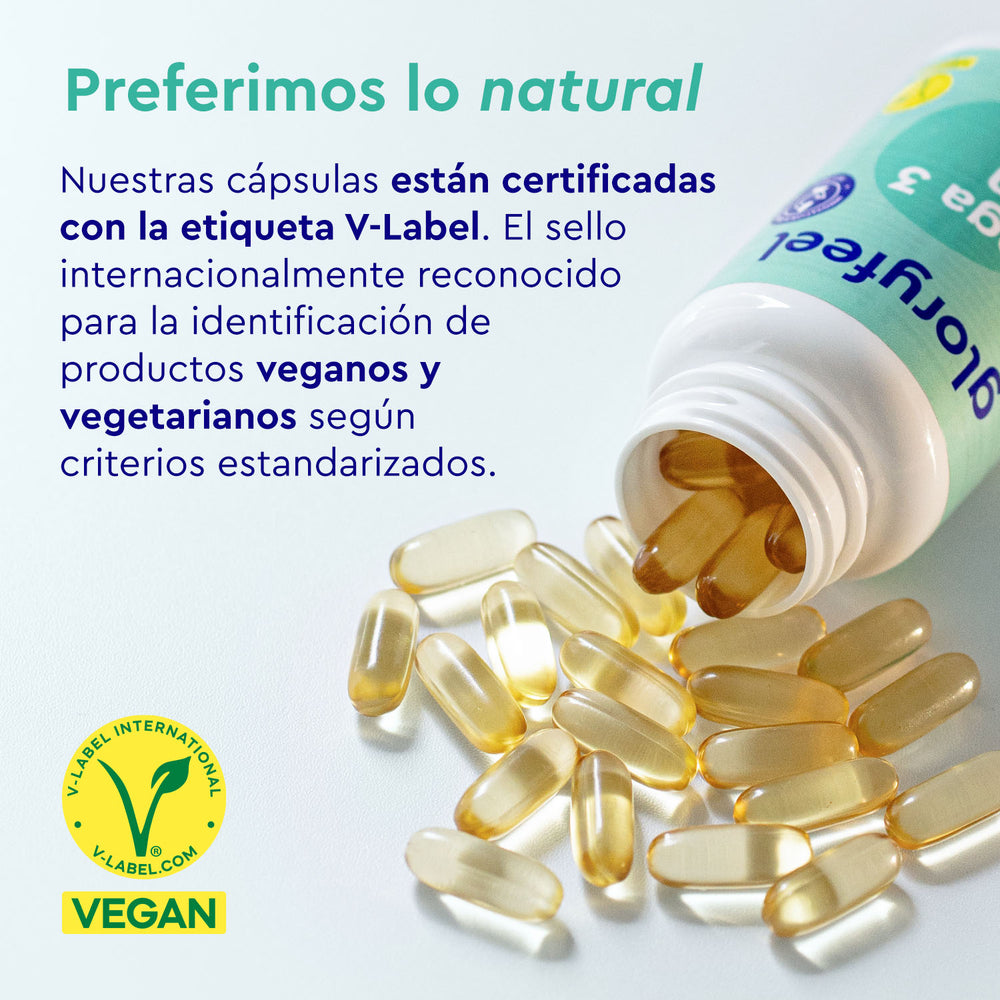 El frasco de Omega 3 + Vitamina E de gloryfeel GmbH España, certificado con V-Label para estándares veganos y vegetarianos, está volcado, derramándose cápsulas.
