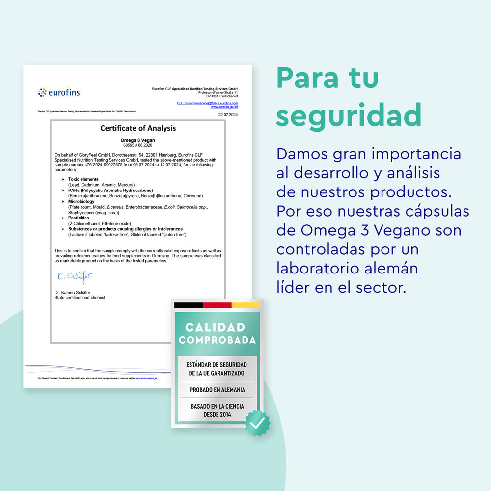El certificado de análisis de Omega 3 + Vitamina E de gloryfeel GmbH España presenta el logotipo de Eurofins a la izquierda. El texto en español a la derecha destaca la seguridad del producto, comprobado por un laboratorio alemán líder, con un sello de calidad debajo.
