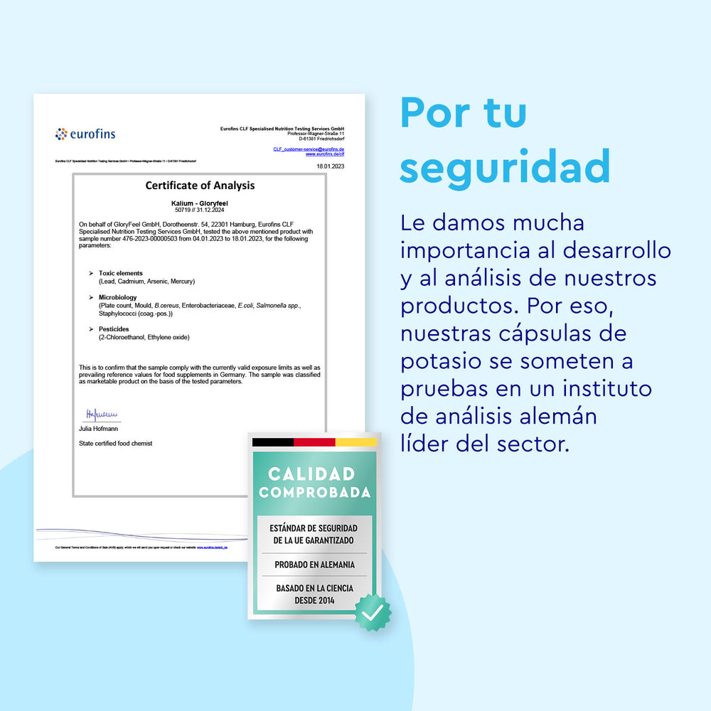 El certificado de análisis en español de Gloryfeel GmbH confirma el desarrollo y prueba en un instituto alemán destacado, incluyendo un sello de calidad para las cápsulas Potasio, garantizando importantes electrolitos.