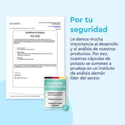 El certificado de análisis en español de Gloryfeel GmbH confirma el desarrollo y prueba en un instituto alemán destacado, incluyendo un sello de calidad para las cápsulas Potasio, garantizando importantes electrolitos.
