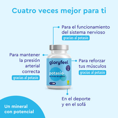 El frasco del suplemento "Potasio" de Gloryfeel GmbH está rodeado de un texto que promueve sus beneficios para el sistema nervioso, la fuerza muscular y la presión arterial. Contiene potasio elemental y afirma ser "cuatro veces mejor para ti".