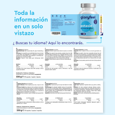 Una imagen de Gloryfeel GmbH, botella del suplemento Potasio con detalles multilingües y datos nutricionales, enfatizando su papel en el mantenimiento de la función muscular normal con potasio elemental.