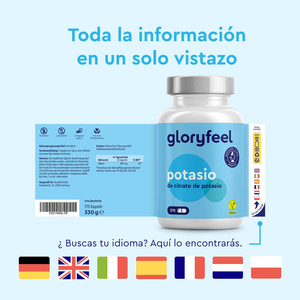 Una botella de Gloryfeel GmbH Potasio se exhibe sobre un fondo azul con banderas que representan diferentes idiomas. El texto dice: «Toda la información en un solo vistazo».