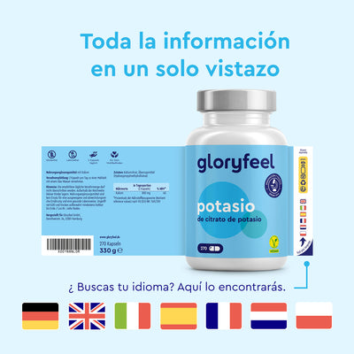 Una botella de Gloryfeel GmbH Potasio se exhibe sobre un fondo azul con banderas que representan diferentes idiomas. El texto dice: «Toda la información en un solo vistazo».