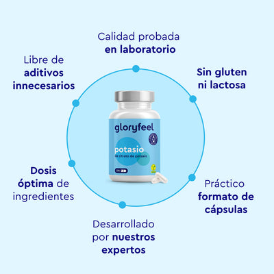 Botella de Potasio por Gloryfeel GmbH: cápsulas con calidad probada en laboratorio, libre de gluten y lactosa, formuladas por expertos, dosificación óptima y sin aditivos innecesarios. Porta electrolitos esenciales para tu bienestar.
