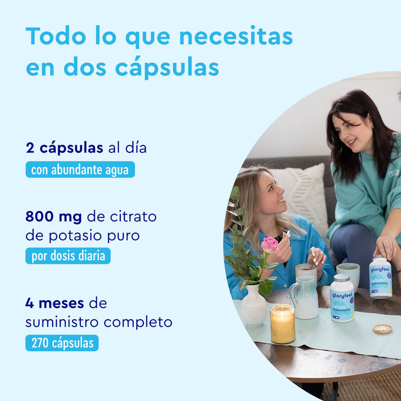 Dos mujeres se relajan en un sofá con suplementos dietéticos de potasio de Gloryfeel GmbH, junto con una vela, una planta y un folleto. El texto destaca la dosis de citrato de potasio y enfatiza la duración del aporte de estos importantes electrolitos.
