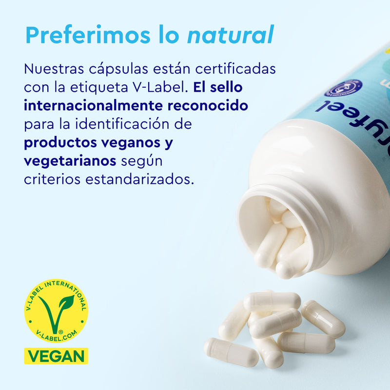 Una botella de Potasio de Gloryfeel GmbH con cápsulas blancas se derrama junto a un texto en español que promociona su certificación vegana V-Label y los beneficios para la función muscular normal del citrato de potasio.