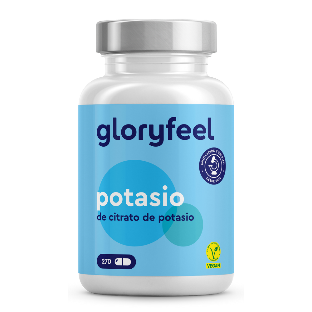 Una botella de Potasio de Gloryfeel GmbH contiene 270 tabletas de citrato de potasio, etiquetadas como &quot;potasio elemental&quot;, con íconos veganos y de garantía de calidad en un elegante diseño azul y blanco.