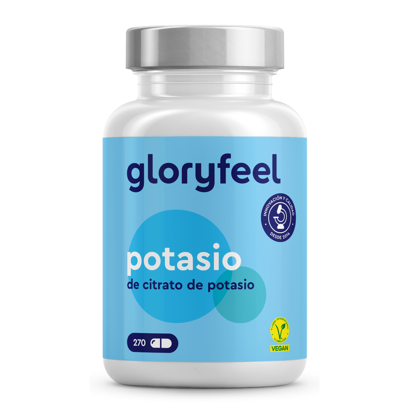 Una botella de Potasio de Gloryfeel GmbH contiene 270 tabletas de citrato de potasio, etiquetadas como "potasio elemental", con íconos veganos y de garantía de calidad en un elegante diseño azul y blanco.