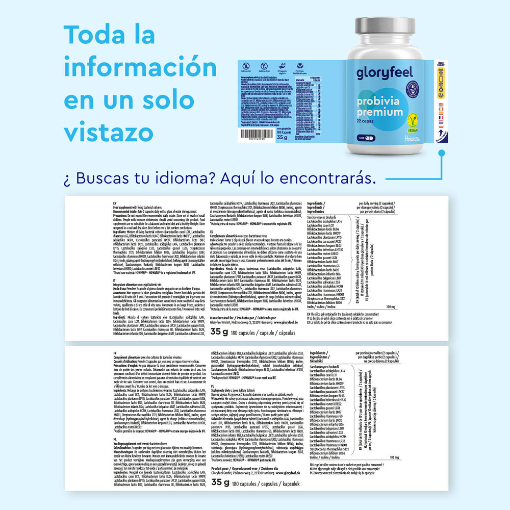 Una botella de Probivia Howaru® de gloryfeel GmbH España se muestra sobre los datos e ingredientes multilingües del suplemento, con el texto: &quot;Toda la información en un solo vistazo&quot;.