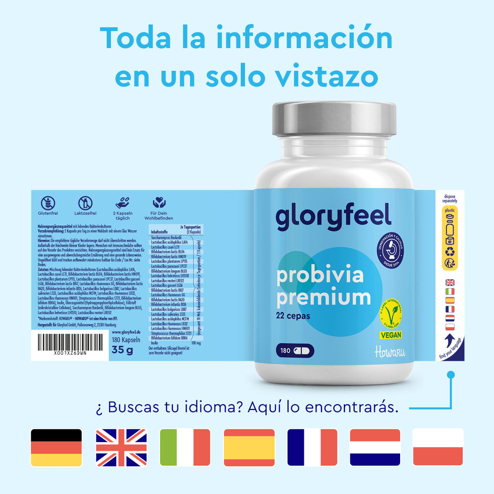 Se muestra una botella de Probivia Howaru® de gloryfeel GmbH España con etiqueta azul y banderas en varios idiomas en la parte inferior.