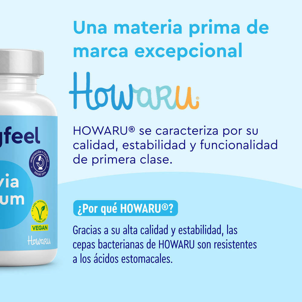 Una botella con la etiqueta &quot;Vegan&quot; junto a un texto que promociona Probivia Howaru® de gloryfeel GmbH España, destacando su calidad, estabilidad, funcionalidad y resistencia a los ácidos estomacales.