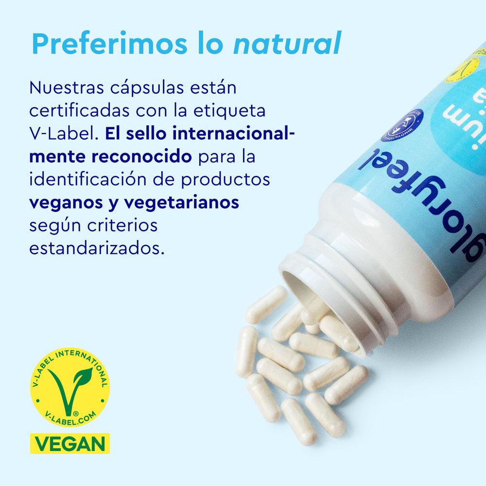 Una botella con la etiqueta &quot;Probivia Howaru®&quot; de gloryfeel GmbH España derrama cápsulas blancas, con texto en español que las describe como veganas y con certificado V-Label.