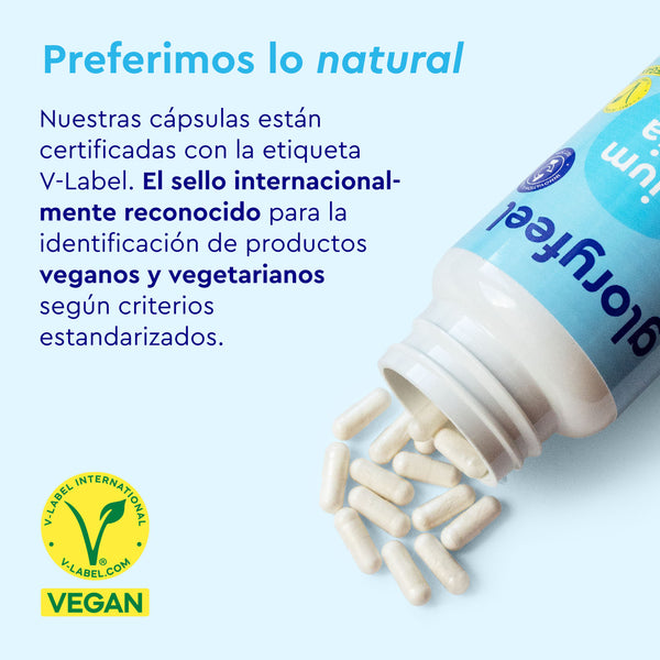 Una botella con la etiqueta &quot;Probivia Howaru®&quot; de gloryfeel GmbH España derrama cápsulas blancas, con texto en español que las describe como veganas y con certificado V-Label.