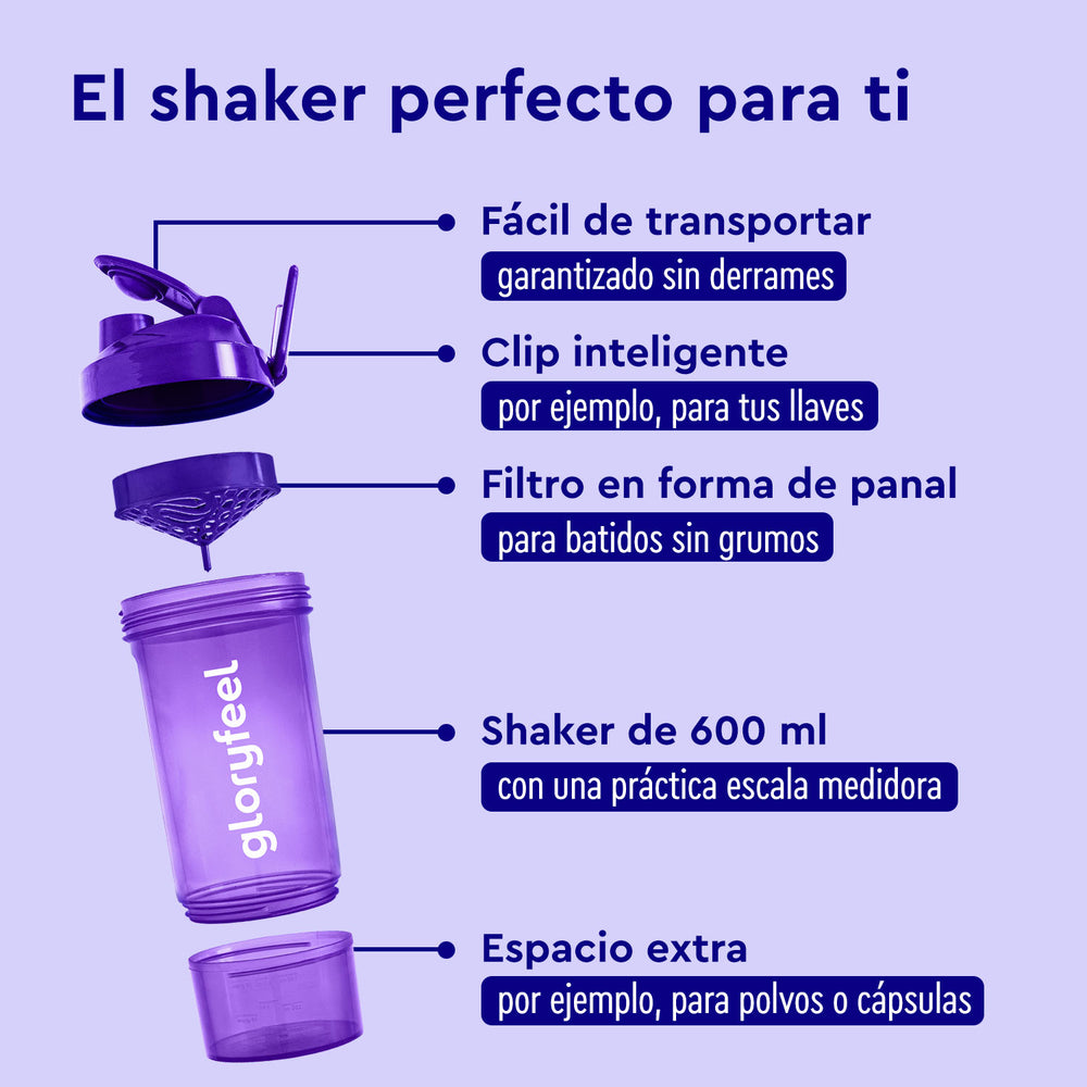 Diagrama del agitador gloryfeel GmbH España, características etiquetadas: tapa de fácil transporte, clip inteligente, filtro de panal, capacidad de 600 ml con escala, espacio adicional para polvos o cápsulas en un diseño morado.