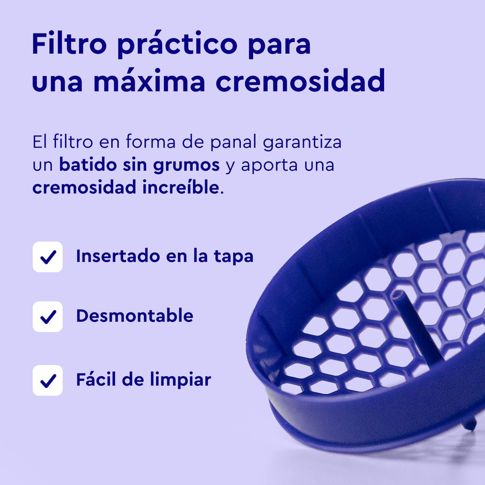El Shaker de gloryfeel GmbH España cuenta con un filtro hexagonal que garantiza una mezcla suave. Se muestra con un texto que destaca su fácil inserción, extracción y limpieza.