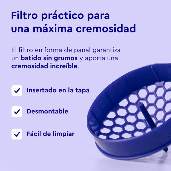 El Shaker de gloryfeel GmbH España cuenta con un filtro hexagonal que garantiza una mezcla suave. Se muestra con un texto que destaca su fácil inserción, extracción y limpieza.