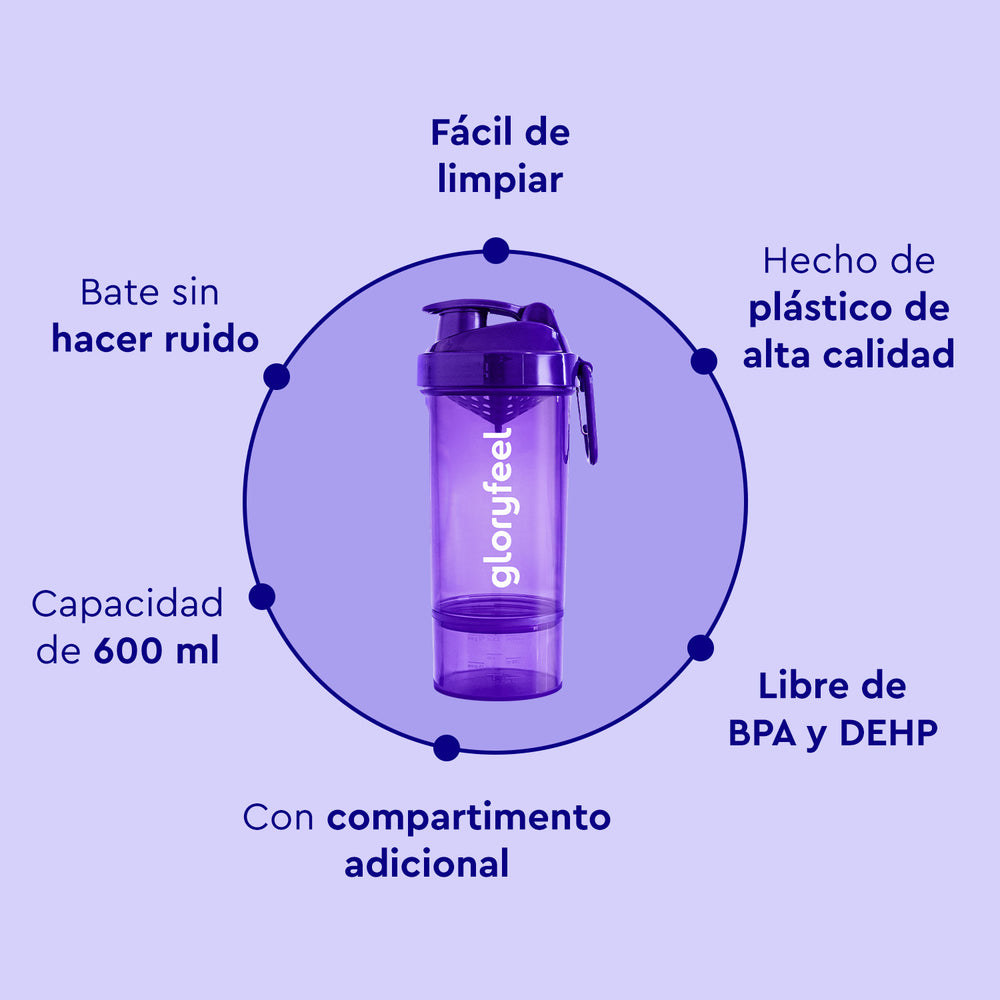 El Shaker morado de 600 ml de gloryfeel GmbH España se caracteriza por su fácil limpieza, su mezcla silenciosa y su plástico de alta calidad. Está libre de BPA y DEHP y cuenta con un compartimento adicional.