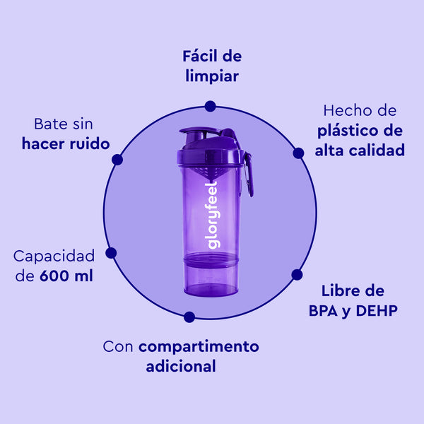 El Shaker morado de 600 ml de gloryfeel GmbH España se caracteriza por su fácil limpieza, su mezcla silenciosa y su plástico de alta calidad. Está libre de BPA y DEHP y cuenta con un compartimento adicional.