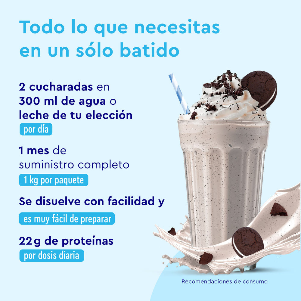 Proteina Cookies &amp; Cream de gloryfeel GmbH España presenta un batido con galletas, detallando el contenido de proteínas, la facilidad de preparación, consejos de dosificación e información de suministro en azul y blanco sobre un fondo azul claro.