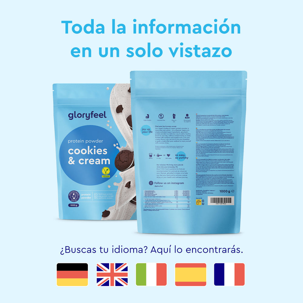 Dos paquetes de Proteina Cookies &amp; Cream de gloryfeel GmbH España, con información detallada del producto, banderas de idioma y la frase &quot;Toda la información en un solo vistazo&quot;.