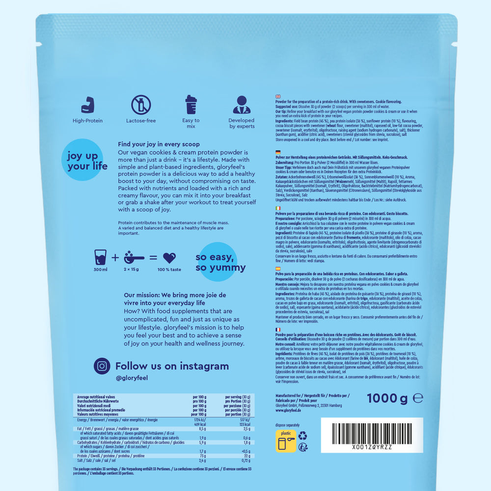 El reverso de un paquete azul de Proteina Cookies &amp; Cream de gloryfeel GmbH España muestra instrucciones, información nutricional y detalles de redes sociales.