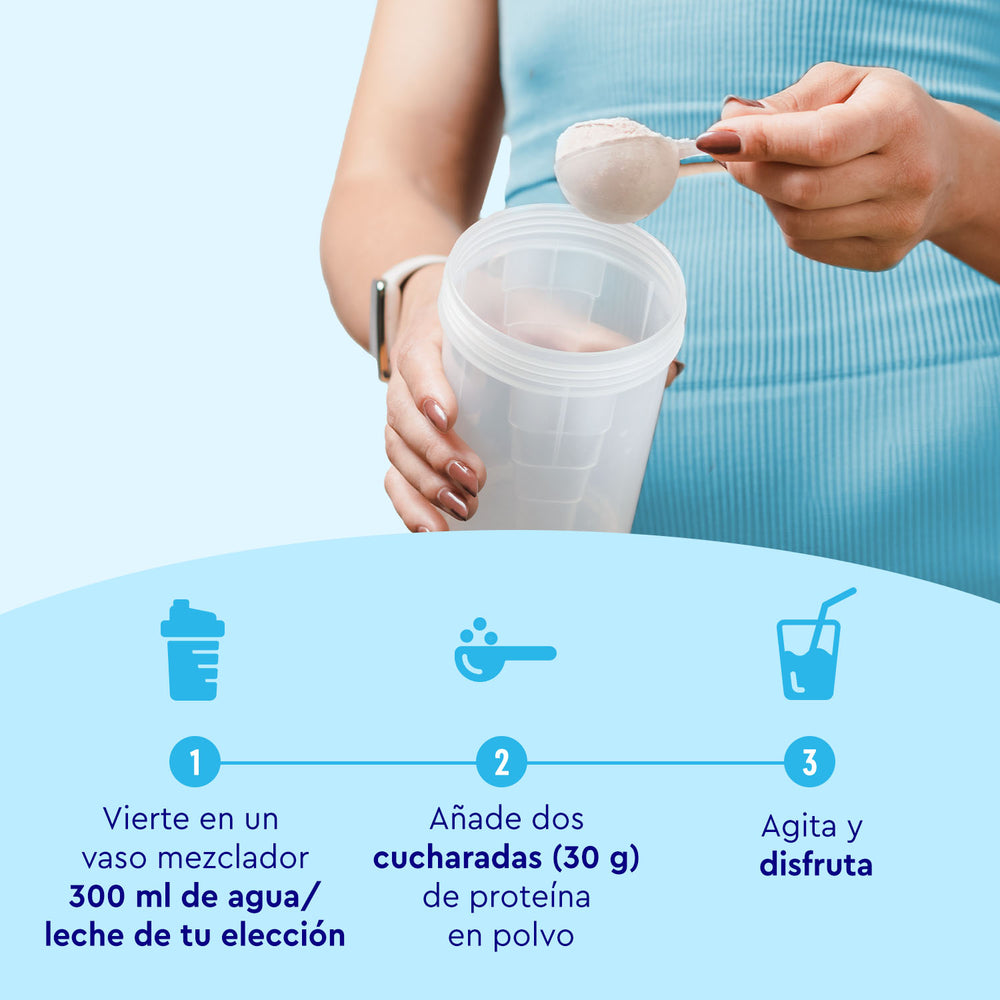 Se añaden dos cucharadas (30 g) de Proteina Cookies &amp; Cream de gloryfeel GmbH España a un vaso mezclador. Pasos: 1) Verter 300 ml de agua o leche. 2) Añadir la proteína en polvo. 3) Agitar bien y ¡a disfrutar!.