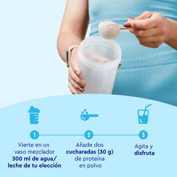 Se añaden dos cucharadas (30 g) de Proteina Cookies &amp; Cream de gloryfeel GmbH España a un vaso mezclador. Pasos: 1) Verter 300 ml de agua o leche. 2) Añadir la proteína en polvo. 3) Agitar bien y ¡a disfrutar!.