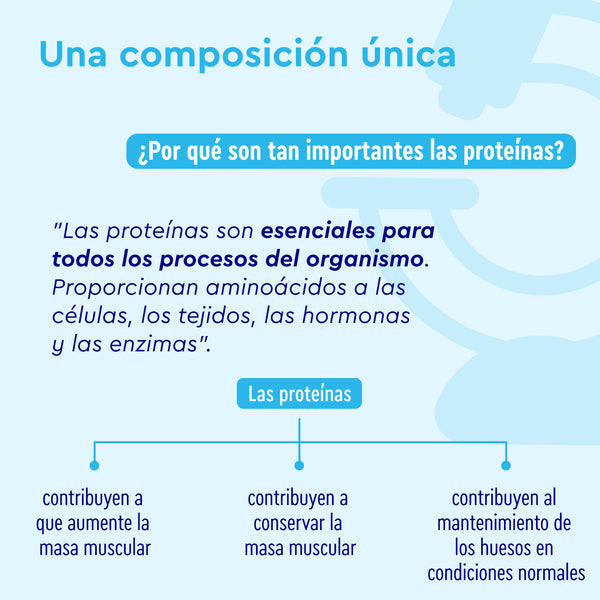 El texto en español sobre la importancia de las proteínas destaca su papel en los procesos corporales, incluyendo cómo contribuyen al mantenimiento muscular y óseo. Protagonista: Proteina Cookies &amp; Cream de Gloryfeel GmbH España.