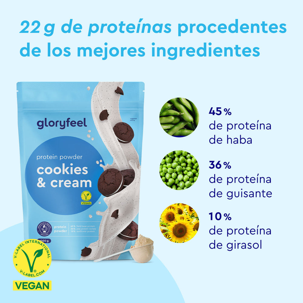Proteina Cookies &amp; Cream de Gloryfeel GmbH España ofrece 22 g de proteína por porción, con una mezcla de 45% de proteínas de habas, 36% de guisantes y 10% de proteínas de girasol, y lleva una etiqueta vegana.