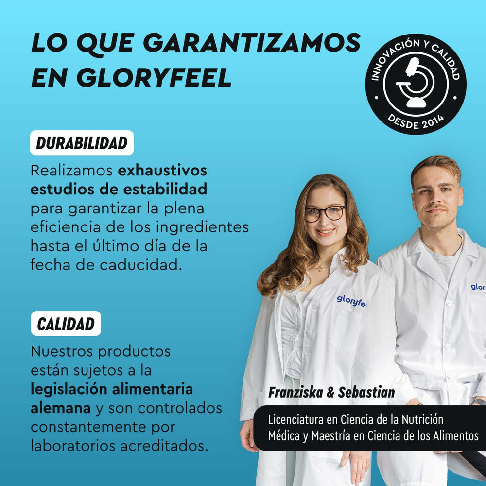 La imagen muestra a dos personas con batas blancas junto a un texto sobre las garantías de los productos de gloryfeel GmbH España, destacando la durabilidad y calidad de su Complejo de Magnesio en polvo, de acuerdo con la legislación alimentaria alemana.