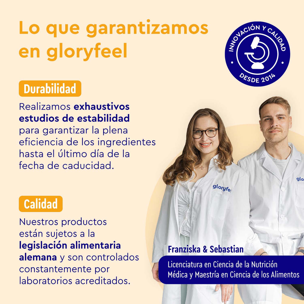 Imagen promocional de Proteina Vanilla Joy de gloryfeel GmbH España, donde aparecen dos personas con bata de laboratorio, destacando su durabilidad y calidad. El texto destaca los exhaustivos estudios de estabilidad y el cumplimiento de la legislación alimentaria alemana.