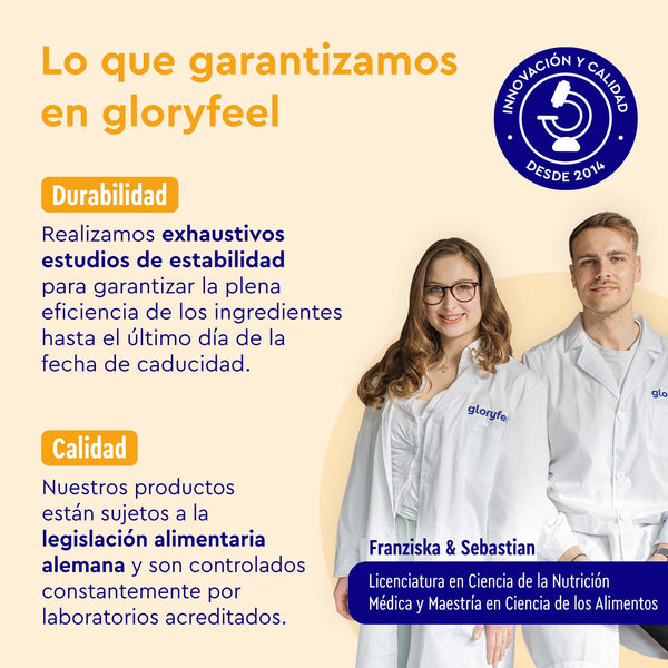 Imagen promocional de Proteina Vanilla Joy de gloryfeel GmbH España, donde aparecen dos personas con bata de laboratorio, destacando su durabilidad y calidad. El texto destaca los exhaustivos estudios de estabilidad y el cumplimiento de la legislación alimentaria alemana.