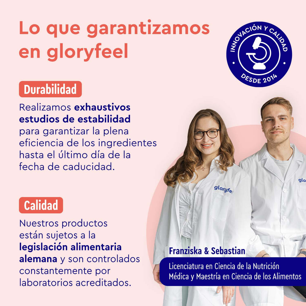 Dos personas con batas de laboratorio junto a un texto que destaca estudios sobre Proteina Berry Joy - Sabor de fresa de gloryfeel GmbH España, subrayando su estabilidad y cumplimiento de la legislación alimentaria alemana, enfatizando su durabilidad y calidad.