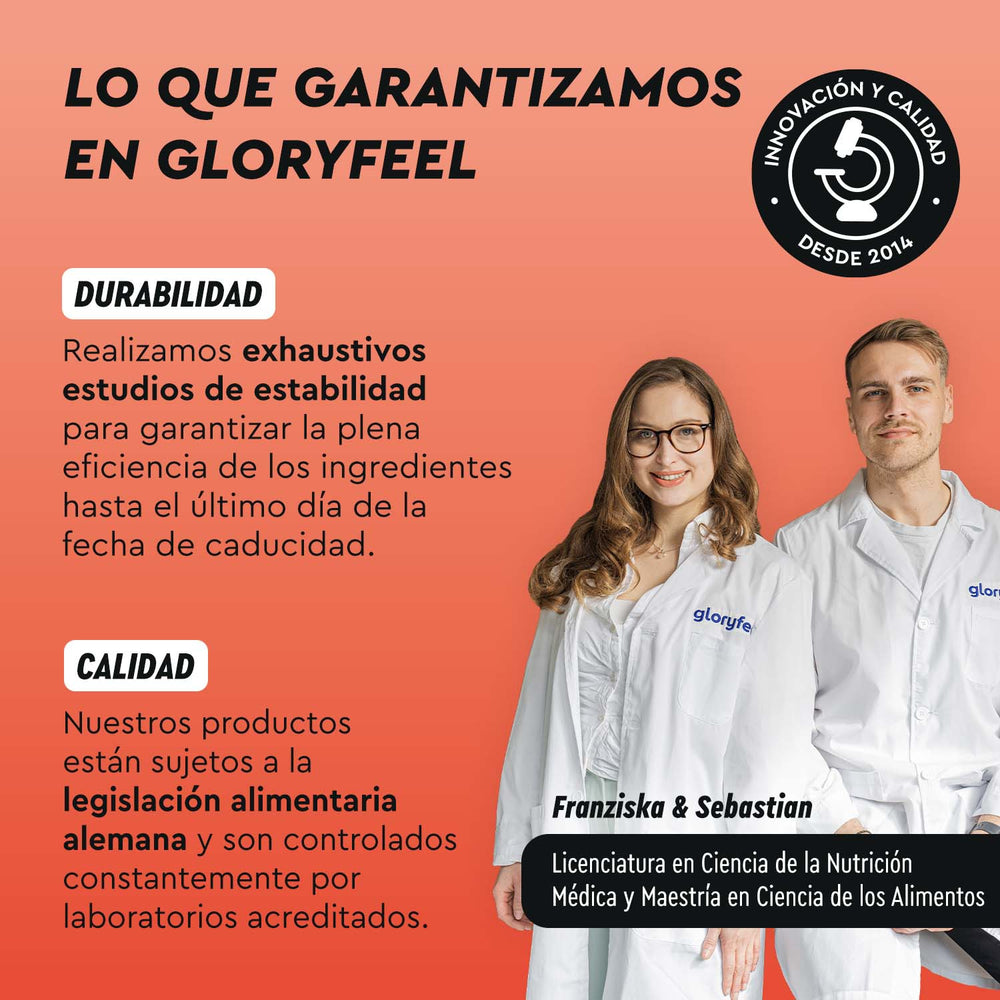 Dos personas con batas de laboratorio junto a un texto que enfatiza la durabilidad y calidad de &quot;Cafeína + L-teanina en tabletas&quot; de gloryfeel GmbH España, resaltando el cumplimiento de la legislación alemana y las pruebas de laboratorio.