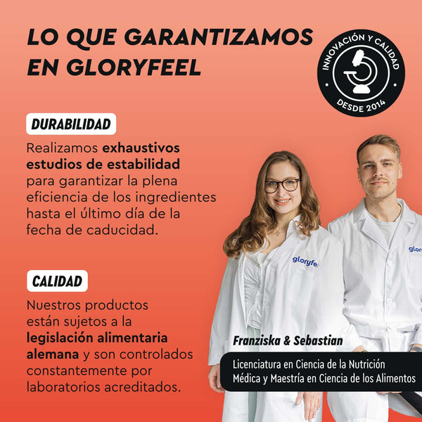 Dos personas con batas de laboratorio junto a un texto que enfatiza la durabilidad y calidad de &quot;Cafeína + L-teanina en tabletas&quot; de gloryfeel GmbH España, resaltando el cumplimiento de la legislación alemana y las pruebas de laboratorio.