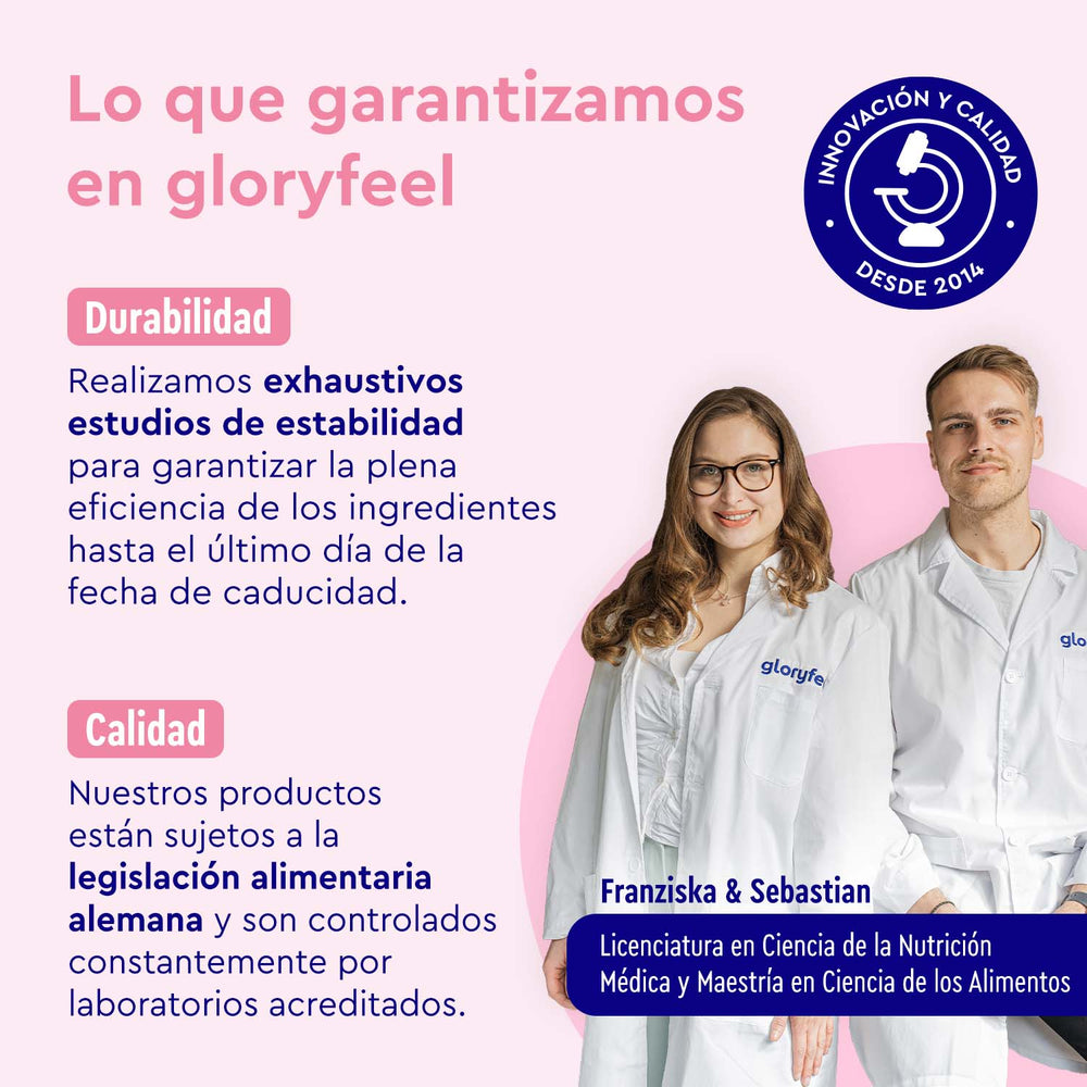 Dos personas con bata de laboratorio ante un texto sobre durabilidad y garantías de calidad de gloryfeel GmbH España, destacando los estudios de estabilidad y el cumplimiento de la legislación alimentaria alemana, relacionado con Proteina Berry Joy - Sabor a frambuesa.