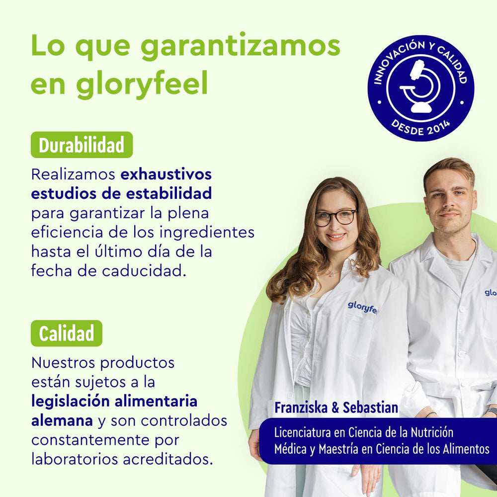 Dos personas con bata de laboratorio junto a un texto que destaca la durabilidad y la calidad de los productos de Gloryfeel GmbH, con especial énfasis en los estudios de estabilidad y el cumplimiento de la legislación alimentaria alemana. Se hace especial hincapié en la vitamina D3 y K2-2000 UI por su mayor eficacia.