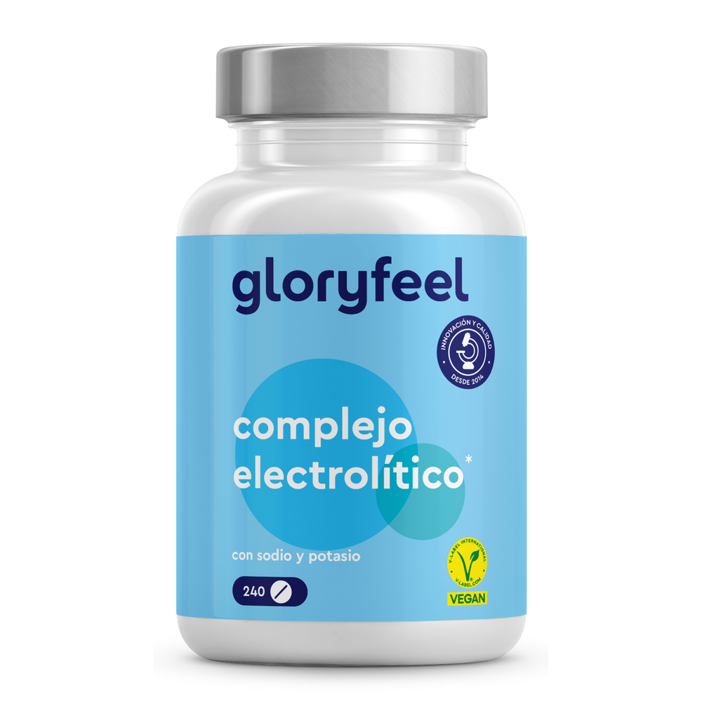 Un frasco de Tabletas de Electrolitos de gloryfeel GmbH España contiene 240 tabletas, etiquetadas &quot;con sodio y potasio&quot;, y tiene una certificación vegana visible.